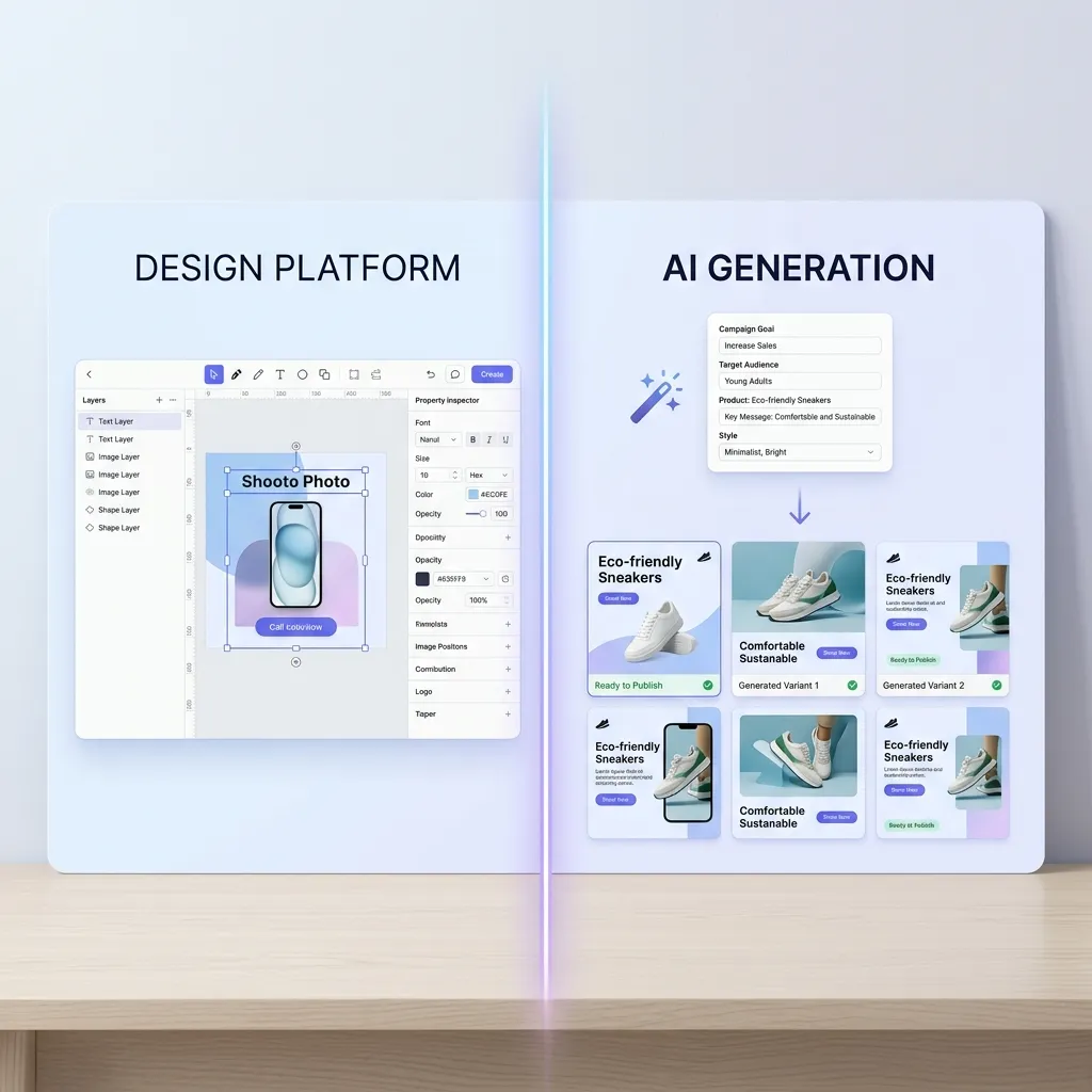 Comparison of display ad design platform versus AI creative generation