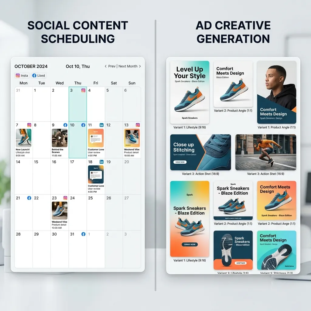 Comparison of social content scheduling versus ad creative generation workflow