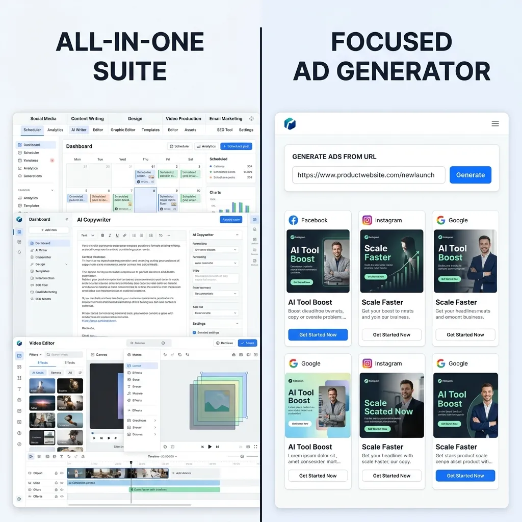All-in-one marketing suite versus focused AI ad creative tool