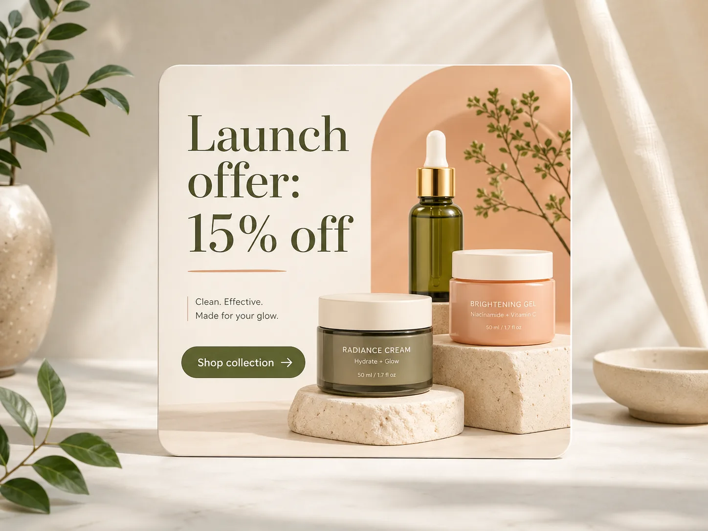Product-led e-commerce campaign creative with skincare items and launch offer