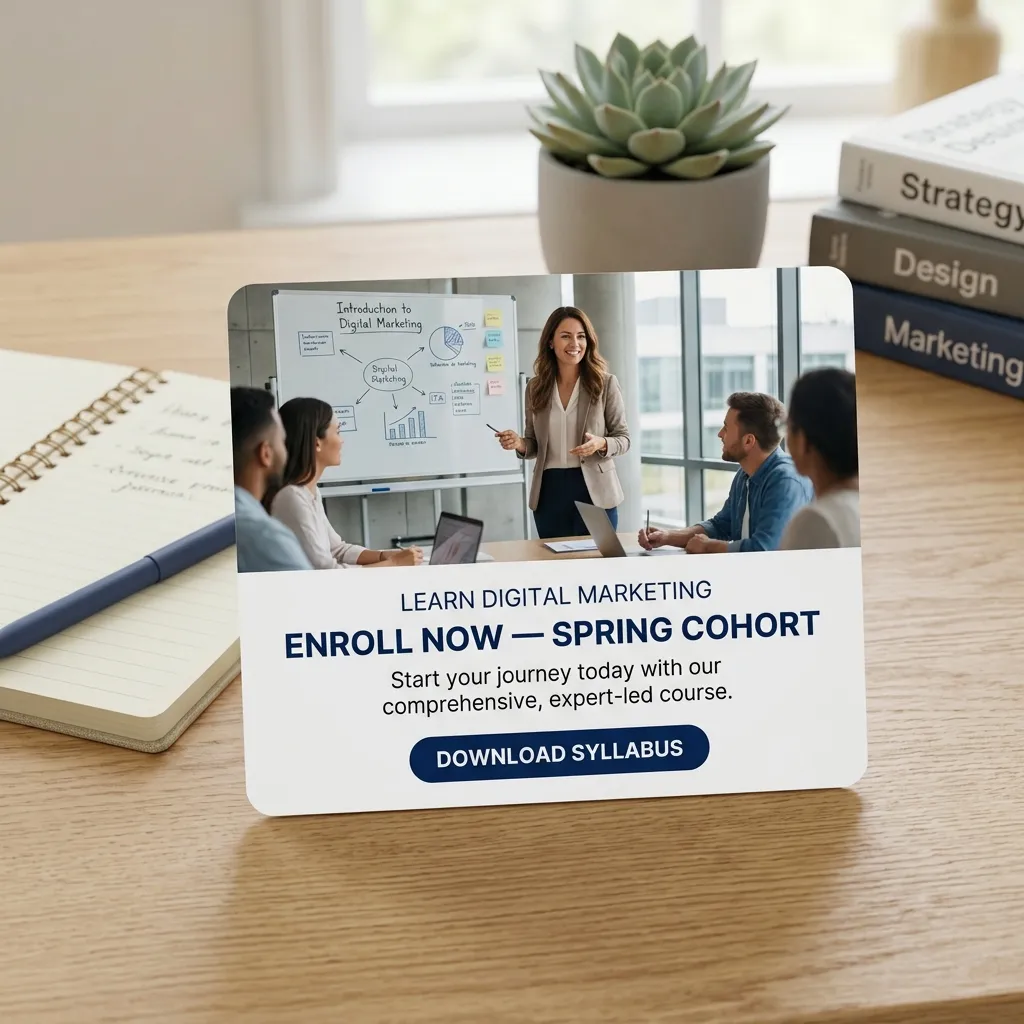 Education ad creative with course details and enroll CTA