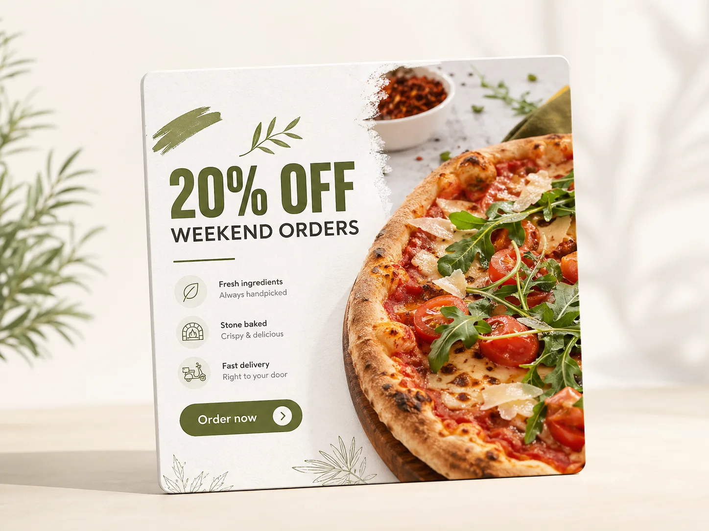 Facebook feed ad card featuring a pizza offer and clear order CTA
