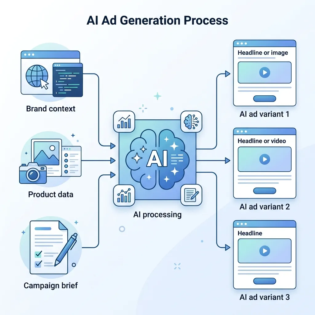 Diagram showing AI ad generation process from inputs to outputs