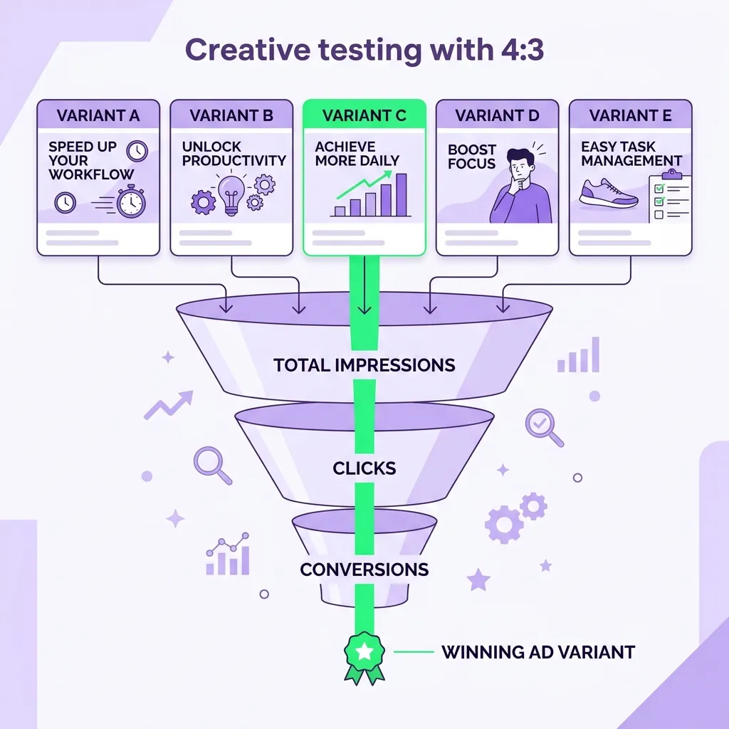 Diagram showing creative testing process with multiple ad variants