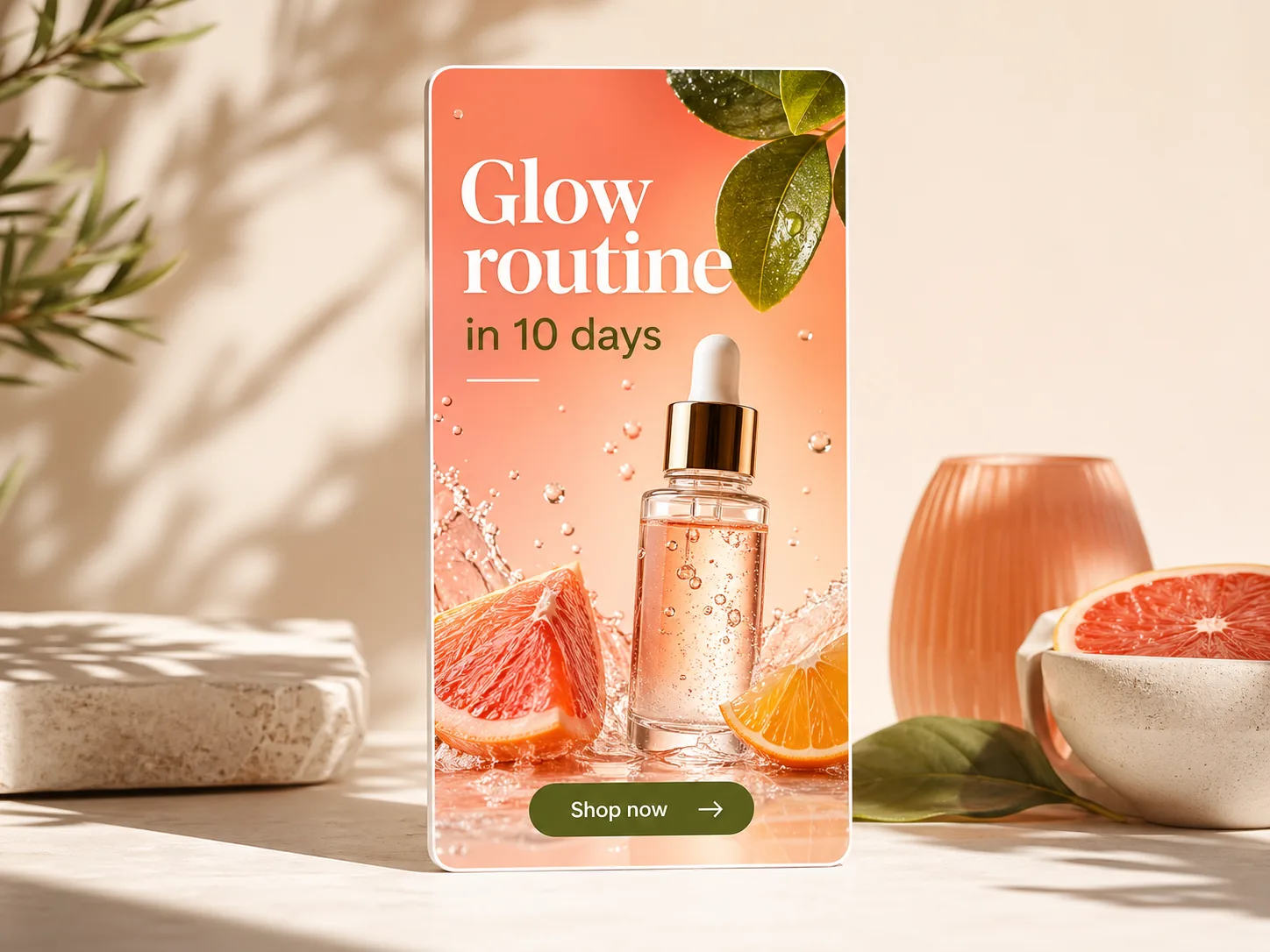 Instagram-ready vertical ad concept for a skincare product with lifestyle styling