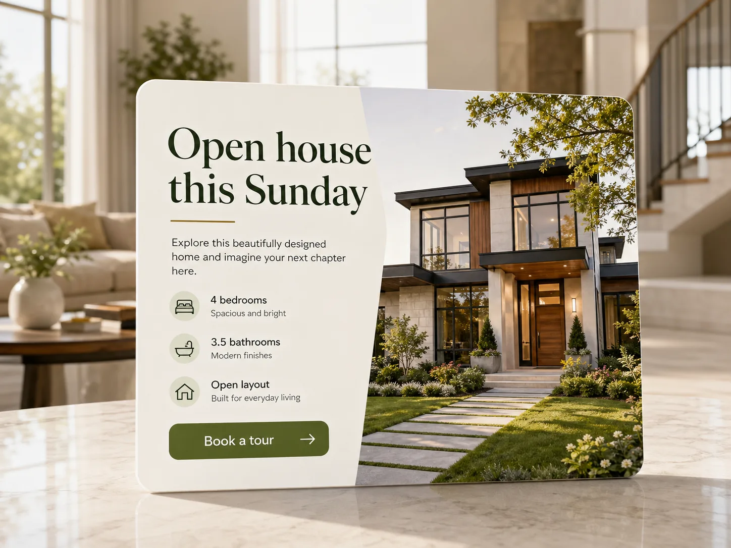 Real estate open-house ad creative with property image and book-a-tour CTA